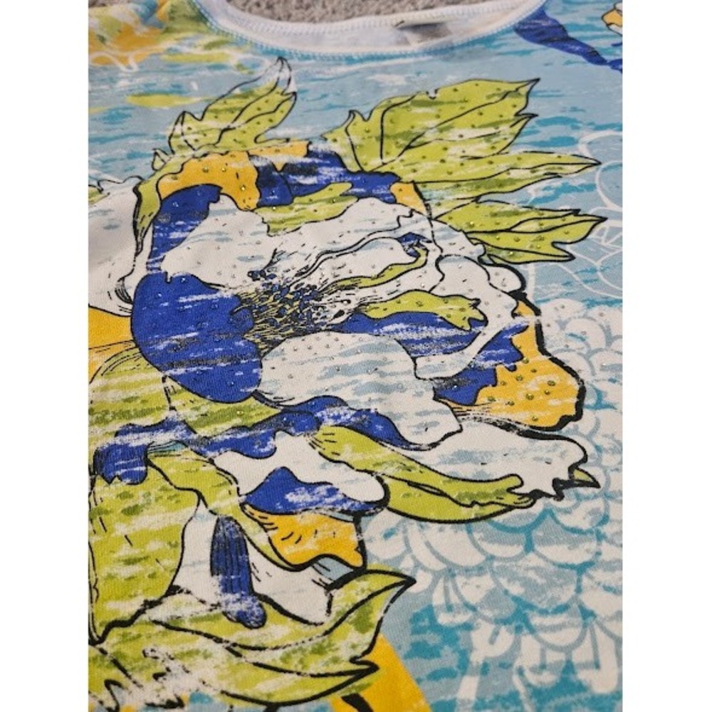 Jess & Jane Top Womens Large Blue Yellow Floral Cotton Long Sleeve Rhinestone - Picture 7 of 8